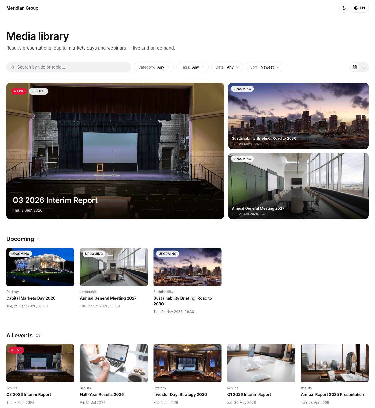 A library on the account's own branding: search and category, tag and date filters above an event running live right now, two upcoming events beside it, and the full archive of past events below, every card carrying its own cover image, and the live and upcoming ones badged as such