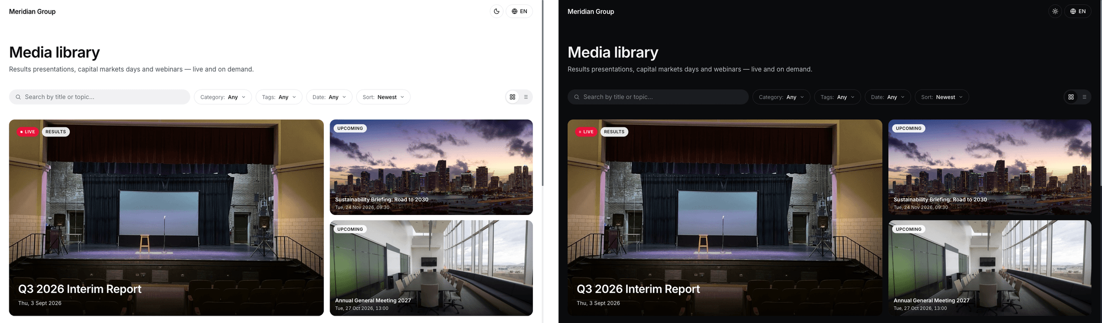 The same library rendered in one account's theme twice, light and dark: identical layout, search and filters, with the palette inverted and the viewer's own theme switch in the header